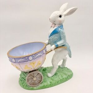 Easter Bunny Rabbit Figurine Pushing Cart Candy Bowl Easter Spring Decor